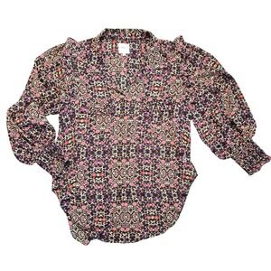 MISA Los Angeles Womens L Floral Print Blouse Long Sleeve Smocked Cuffs Sheer